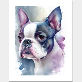 Adorable Boston Terrier Dog Watercolor with Blue and Purple Accents Posters and Art